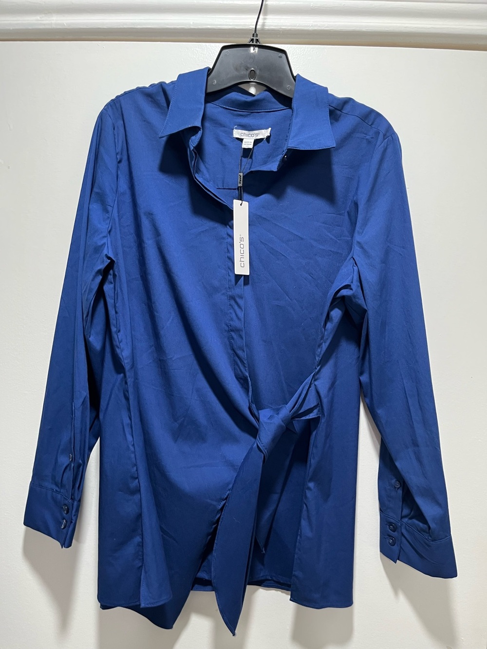 Chico's Blouse Dark Harbor Blue Tie Wrap Button Up Shirt Size 2 Large $109 NWT